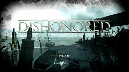 Dishonored start screen for Xbox 360 (X360) stealth action-adventure video game