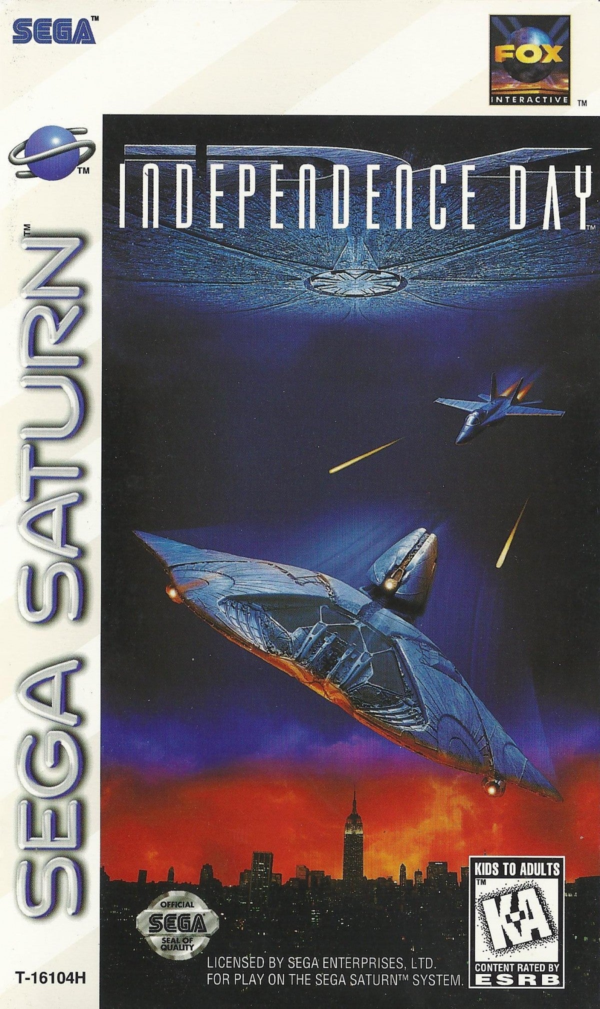 Independence Day Sega Saturn for retro video game enthusiasts featuring action shooter gameplay alien invasion battles fast paced combat mission based objectives sci fi adventure inspired by the blockbuster film and collectible gaming appeal front cover 