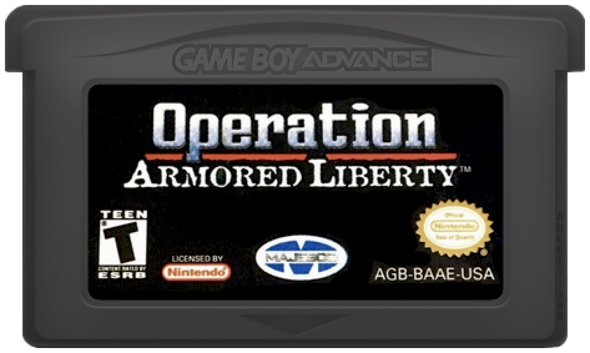 Operation Armored Liberty Game Boy Advance GBA cartridge for retro video game enthusiasts featuring military action gameplay side scrolling shooter mechanics tactical combat missions futuristic warfare setting explosive battlefield encounters and portable handheld arcade style gaming experience and collectible gaming appeal
