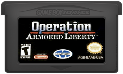 Operation Armored Liberty Game Boy Advance GBA cartridge for retro video game enthusiasts featuring military action gameplay side scrolling shooter mechanics tactical combat missions futuristic warfare setting explosive battlefield encounters and portable handheld arcade style gaming experience and collectible gaming appeal