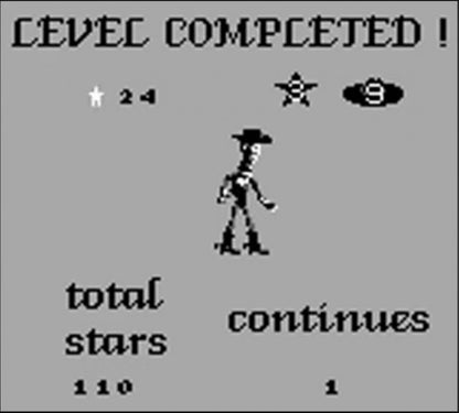 Toy Story for Game Boy (GB) at Gamers INC, featuring classic side-scrolling platform action inspired by the beloved Pixar film, where you play as Woody through varied levels packed with enemies, puzzles, and challenging jumps, delivering a nostalgic handheld adventure that brings the movie’s charm to retro gaming on the go level complete gameplay screenshot