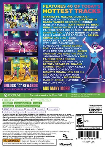 Just Dance 2018 Xbox 360 X360 dance rhythm game featuring hit songs choreographed routines motion controlled gameplay multiplayer dance parties and music video performances retro video game collection collectible gaming appeal back cover