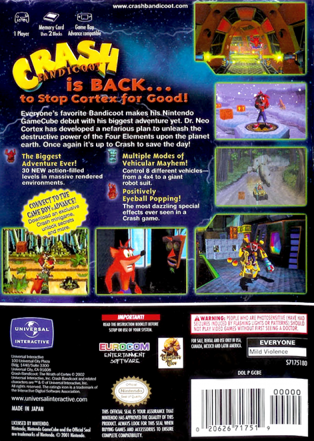 Crash Bandicoot The Wrath of Cortex Player’s Choice for GameCube, back of case for a 3D platformer video game with action-adventure gameplay, character-based levels, collectible challenges, and classic mascot platforming