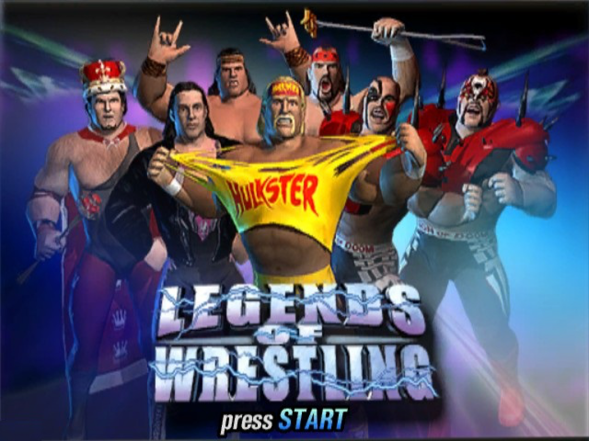 Title screen for Legends of Wrestling GameCube GC video game, professional wrestling, fighting simulation, multiplayer, sports entertainment, classic Nintendo GameCube title