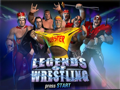 Title screen for Legends of Wrestling GameCube GC video game, professional wrestling, fighting simulation, multiplayer, sports entertainment, classic Nintendo GameCube title
