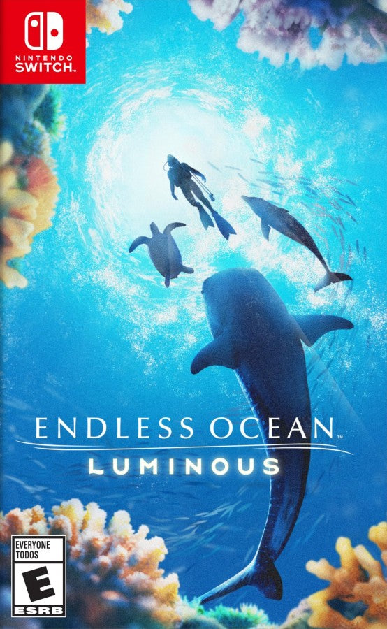 Endless Ocean Luminous Nintendo Switch inspired design featuring relaxing underwater exploration adventure aesthetic vast ocean environments marine wildlife discovery serene deep sea journeys immersive aquatic atmosphere peaceful exploration gameplay and breathtaking aquatic visuals presentation front cover