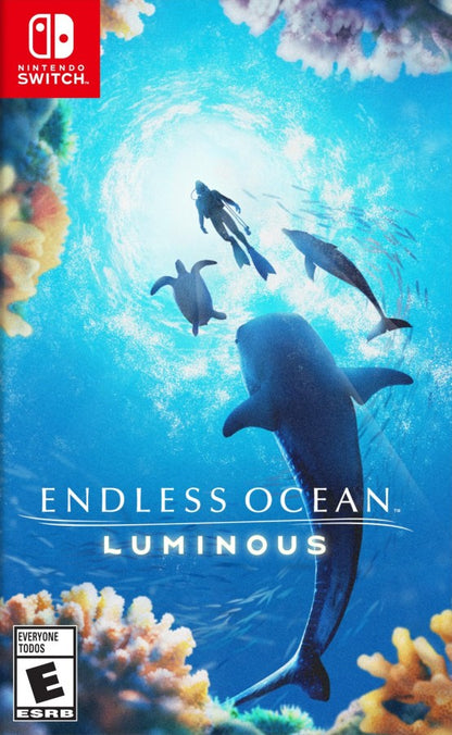 Endless Ocean Luminous Nintendo Switch inspired design featuring relaxing underwater exploration adventure aesthetic vast ocean environments marine wildlife discovery serene deep sea journeys immersive aquatic atmosphere peaceful exploration gameplay and breathtaking aquatic visuals presentation front cover