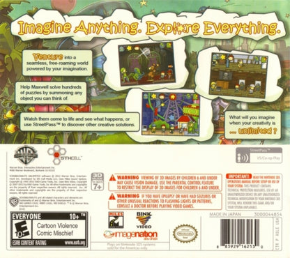 Scribblenauts Unlimited Nintendo 3DS game featuring puzzle adventure gameplay with open ended problem solving object creation mechanics and creative challenges using Maxwell’s magical notebook back cover