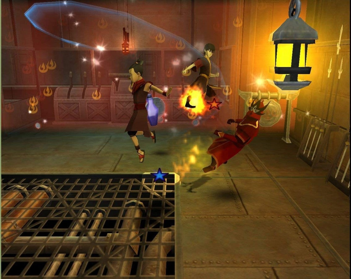 Avatar: The Last Airbender: Into the Inferno for PlayStation 2 (PS2) featuring an action adventure based on Book Three where you play as Aang Katara Sokka and Toph using elemental bending abilities; battle through story missions defeat the Fire Nation and progress toward the final confrontation in this PS2 tie in game gameplay screenshot
