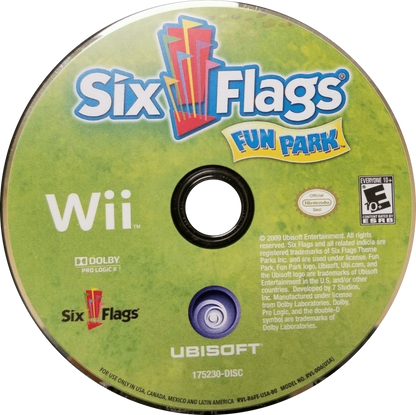 Six Flags Fun Park retro Nintendo Wii video game featuring amusement park mini games, family friendly multiplayer gameplay, carnival challenges and classic Wii entertainment - disc