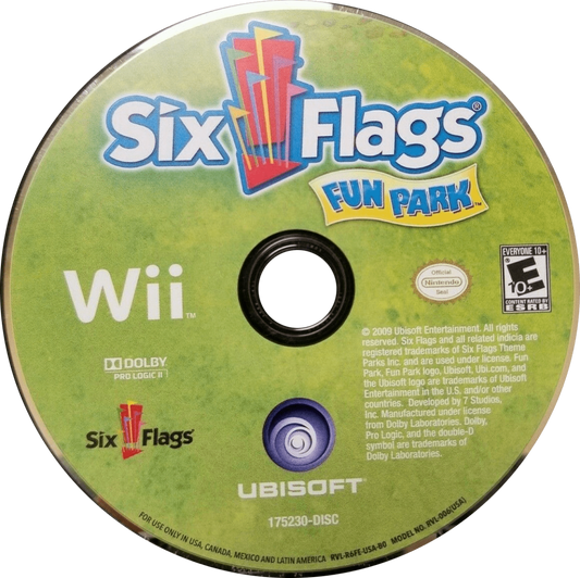 Six Flags Fun Park retro Nintendo Wii video game featuring amusement park mini games, family friendly multiplayer gameplay, carnival challenges and classic Wii entertainment - disc
