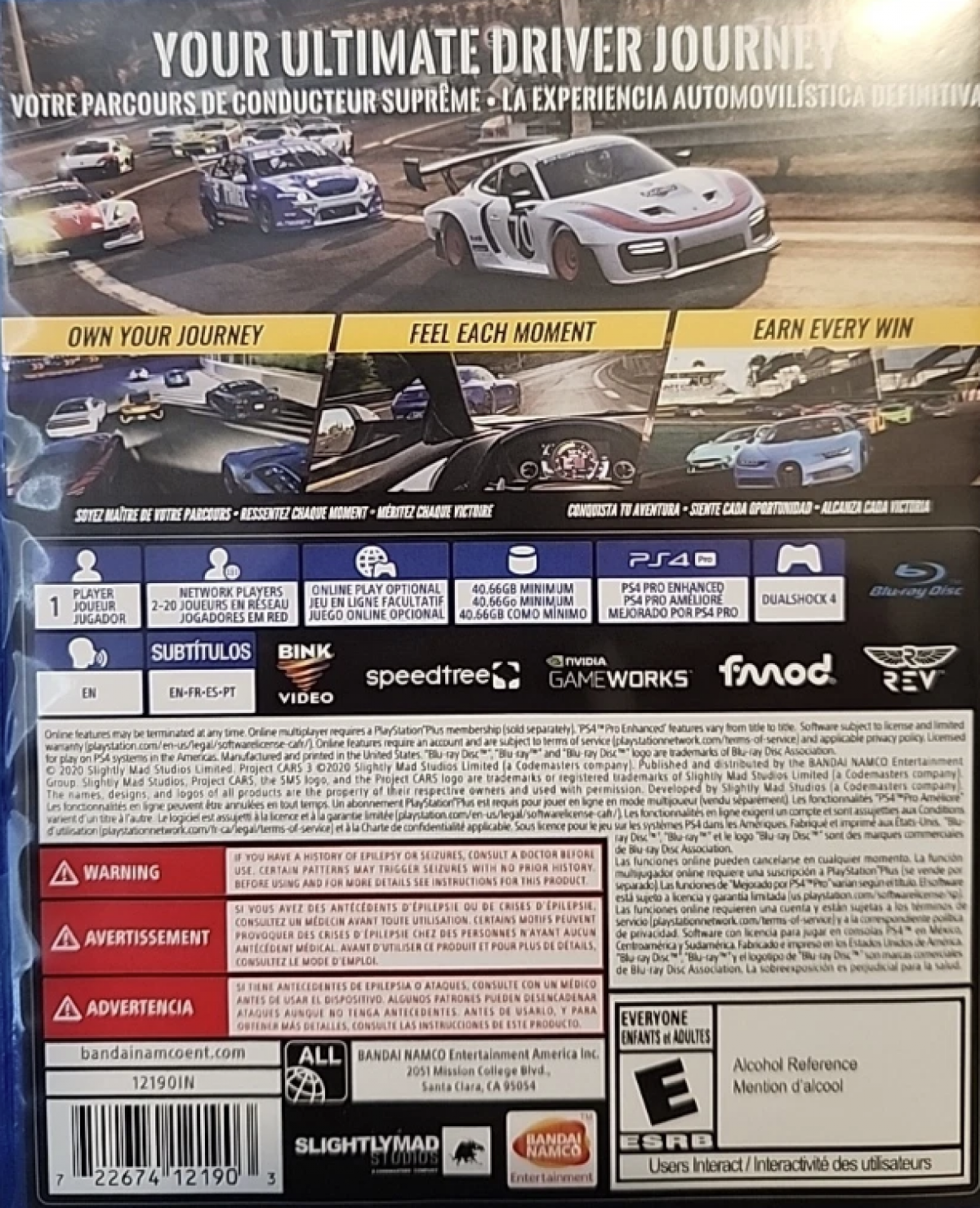 Project Cars 3 – PlayStation 4 (PS4) video game back of case, racing simulation with arcade handling