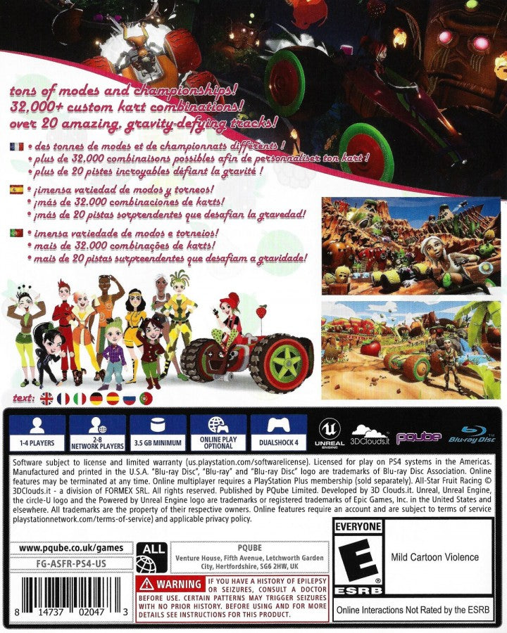 All Star Fruit Racing back of case for PlayStation 4 (PS4) colorful fruit-themed kart racing game