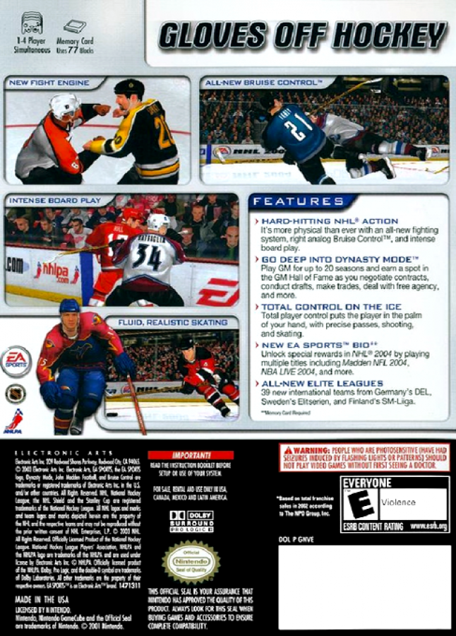 NHL 2004 [Dany Heatley Cover] back of case for Nintendo GameCube (GC) hockey sports video game