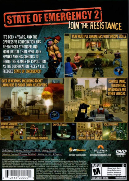 State of Emergency 2 PlayStation 2 PS2 for retro video game enthusiasts featuring action shooter gameplay third person combat urban crime missions intense firefights story driven objectives explosive action environments and collectible gaming appeal back cover art