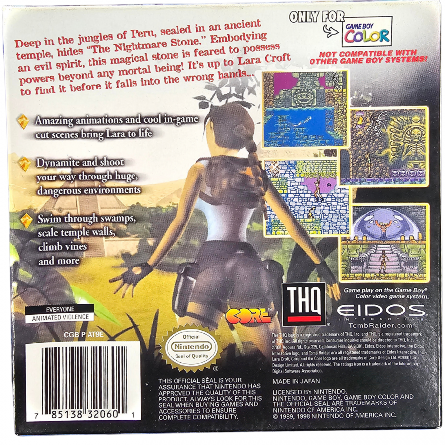 Tomb Raider Game Boy Color GBC video game Complete In Box CIB featuring Lara Croft action adventure gameplay platforming exploration ancient ruins treasure hunting puzzle solving enemy encounters and classic handheld gaming retro video game collection collectible gaming appeal back cover art