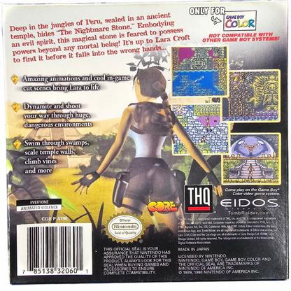 Tomb Raider Game Boy Color GBC video game Complete In Box CIB featuring Lara Croft action adventure gameplay platforming exploration ancient ruins treasure hunting puzzle solving enemy encounters and classic handheld gaming retro video game collection collectible gaming appeal back cover art