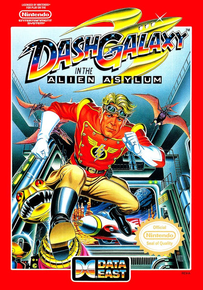 Dash Galaxy in the Alien Asylum Nintendo Entertainment System NES video game featuring sci fi platforming gameplay alien planet exploration maze navigation obstacle courses enemy encounters space adventure and classic 8 bit action retro video game collection collectible gaming appeal cover art 