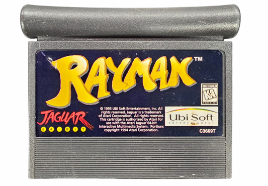 Rayman Atari Jaguar JAG for platforming adventure video game fans featuring Rayman colorful fantasy worlds side scrolling action enemy battles unique abilities power ups challenging levels collectibles and classic Atari Jaguar gameplay collectible retro gaming appeal front
