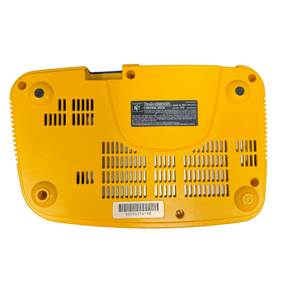 Pikachu Nintendo 64 Console N64 gaming system featuring Pikachu themed yellow console design iconic Pokémon styling built in controller ports cartridge based game support AV connectivity and classic Nintendo 64 hardware design collectible Pokémon and retro Nintendo gaming appeal bottom of console