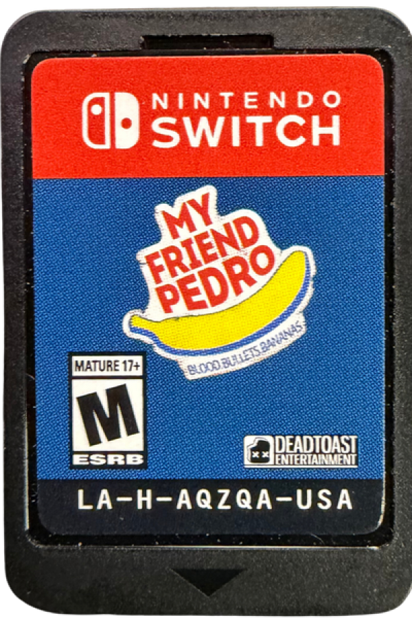 My Friend Pedro Nintendo Switch inspired design featuring stylish action shooter aesthetic acrobatic gunplay slow motion combat outrageous stunt moves surreal storytelling fast paced firefights cinematic side scrolling gameplay presentation cartridge