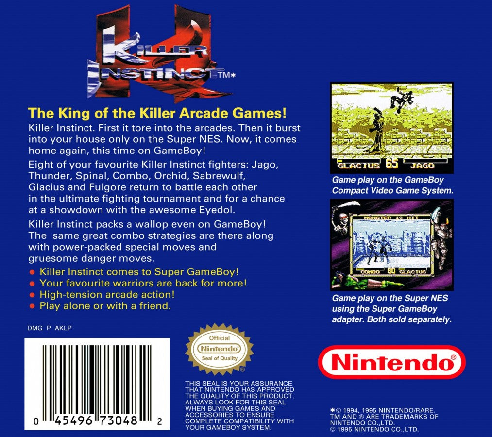 Killer Instinct back cover art for Game Boy (GB) video game