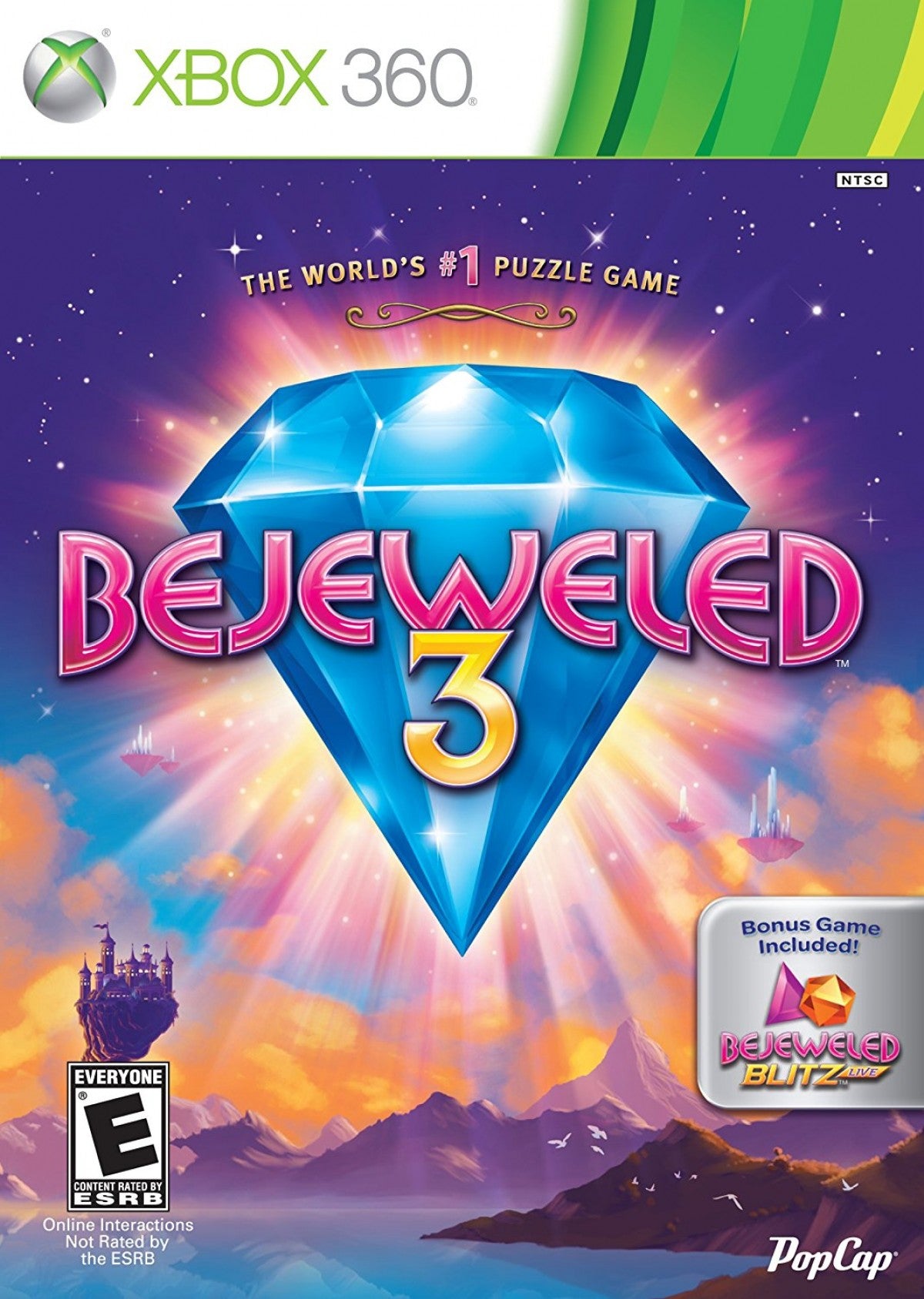 Bejeweled 3 Xbox 360 game featuring addictive puzzle-matching gameplay, colorful gem challenges, and casual arcade fun cover art