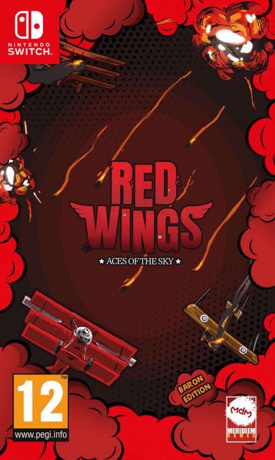 Red Wings Aces of the Sky Baron Edition PAL Import Nintendo Switch inspired design featuring World War I aerial combat action aesthetic vintage fighter aircraft dogfights arcade flight gameplay dramatic wartime missions historical aviation adventure and cinematic sky battles presentation slip case front