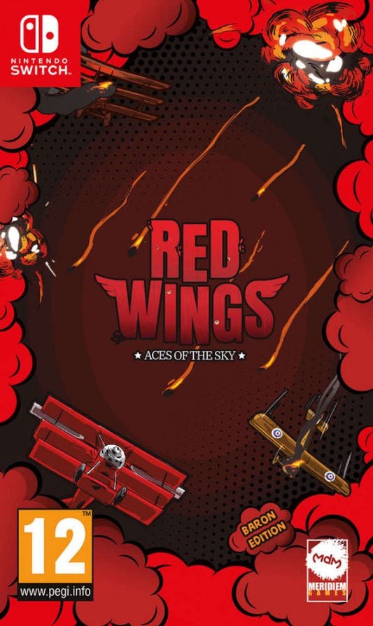 Red Wings Aces of the Sky Baron Edition PAL Import Nintendo Switch inspired design featuring World War I aerial combat action aesthetic vintage fighter aircraft dogfights arcade flight gameplay dramatic wartime missions historical aviation adventure and cinematic sky battles presentation slip case front
