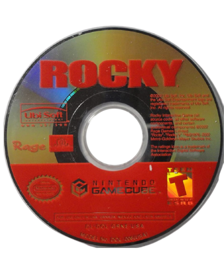 Disc Cover art for Rocky GameCube GC video game, boxing sports action, fight simulation, multiplayer, classic Nintendo GameCube title, movie tie-in