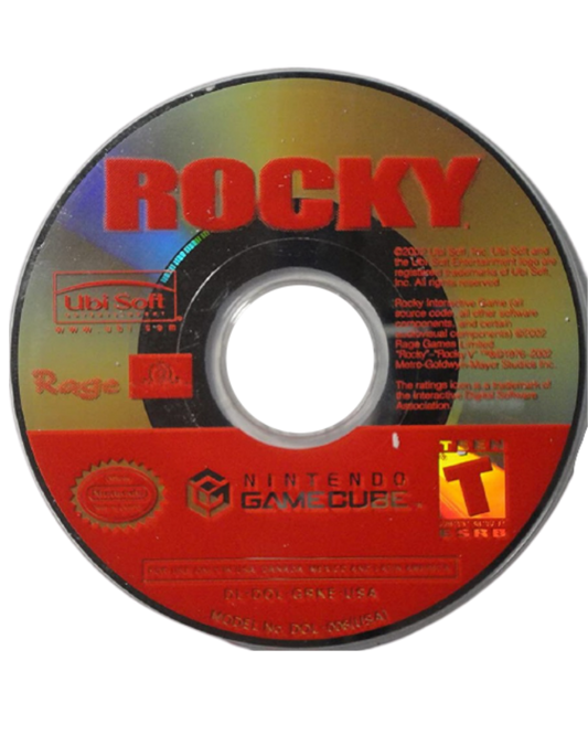 Disc Cover art for Rocky GameCube GC video game, boxing sports action, fight simulation, multiplayer, classic Nintendo GameCube title, movie tie-in