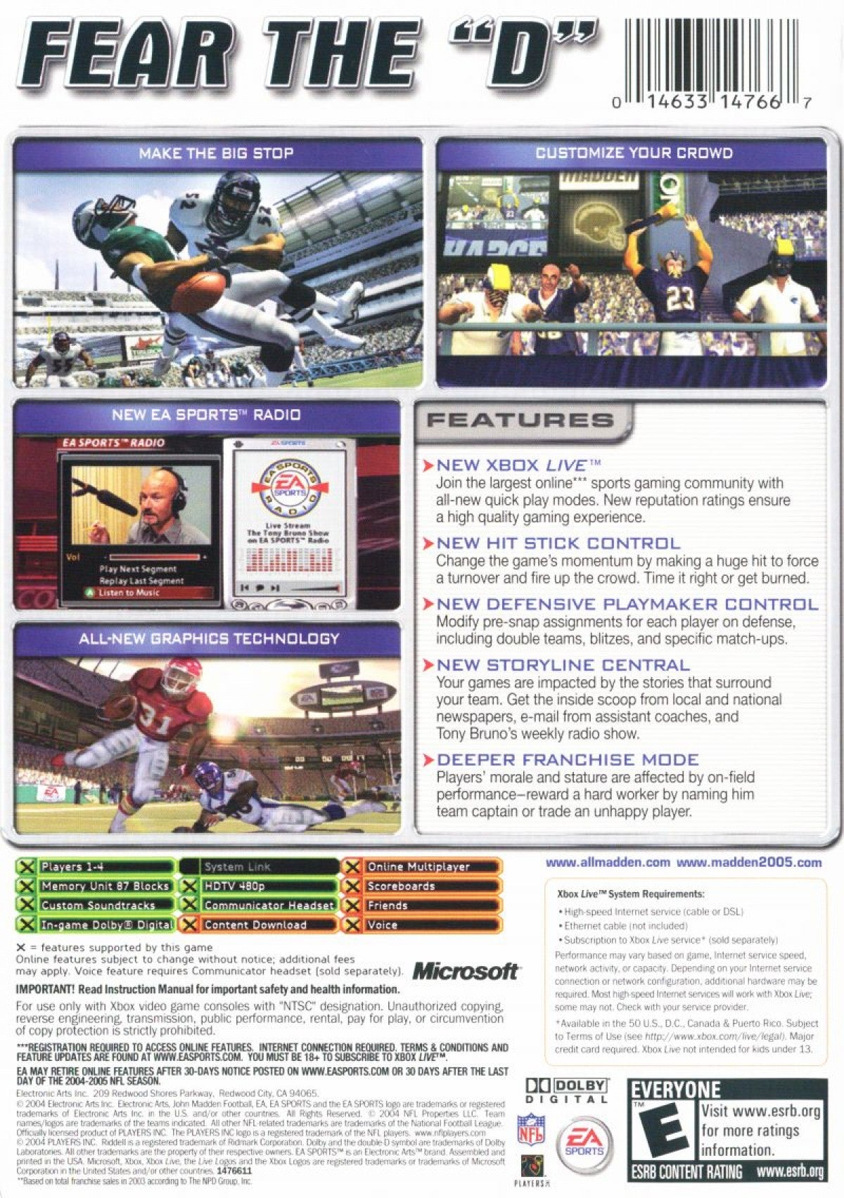 Madden NFL 2005 Xbox for football sports video game fans featuring NFL teams and players Franchise Mode online multiplayer enhanced defensive controls realistic gameplay season management competitive matches classic EA Sports action collectible gaming appeal back cover art