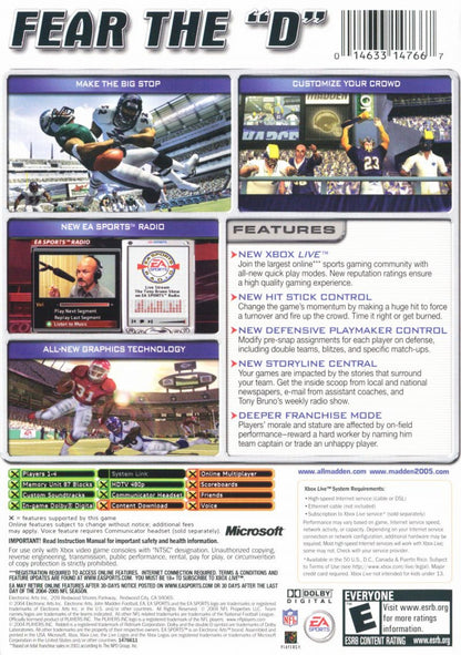 Madden NFL 2005 Xbox for football sports video game fans featuring NFL teams and players Franchise Mode online multiplayer enhanced defensive controls realistic gameplay season management competitive matches classic EA Sports action collectible gaming appeal back cover art
