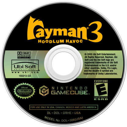 Rayman 3: Hoodlum Havoc retro GameCube video game Rayman 3 Hoodlum Havoc platform adventure cartoon style action colorful worlds classic 3D platformer console release  disc