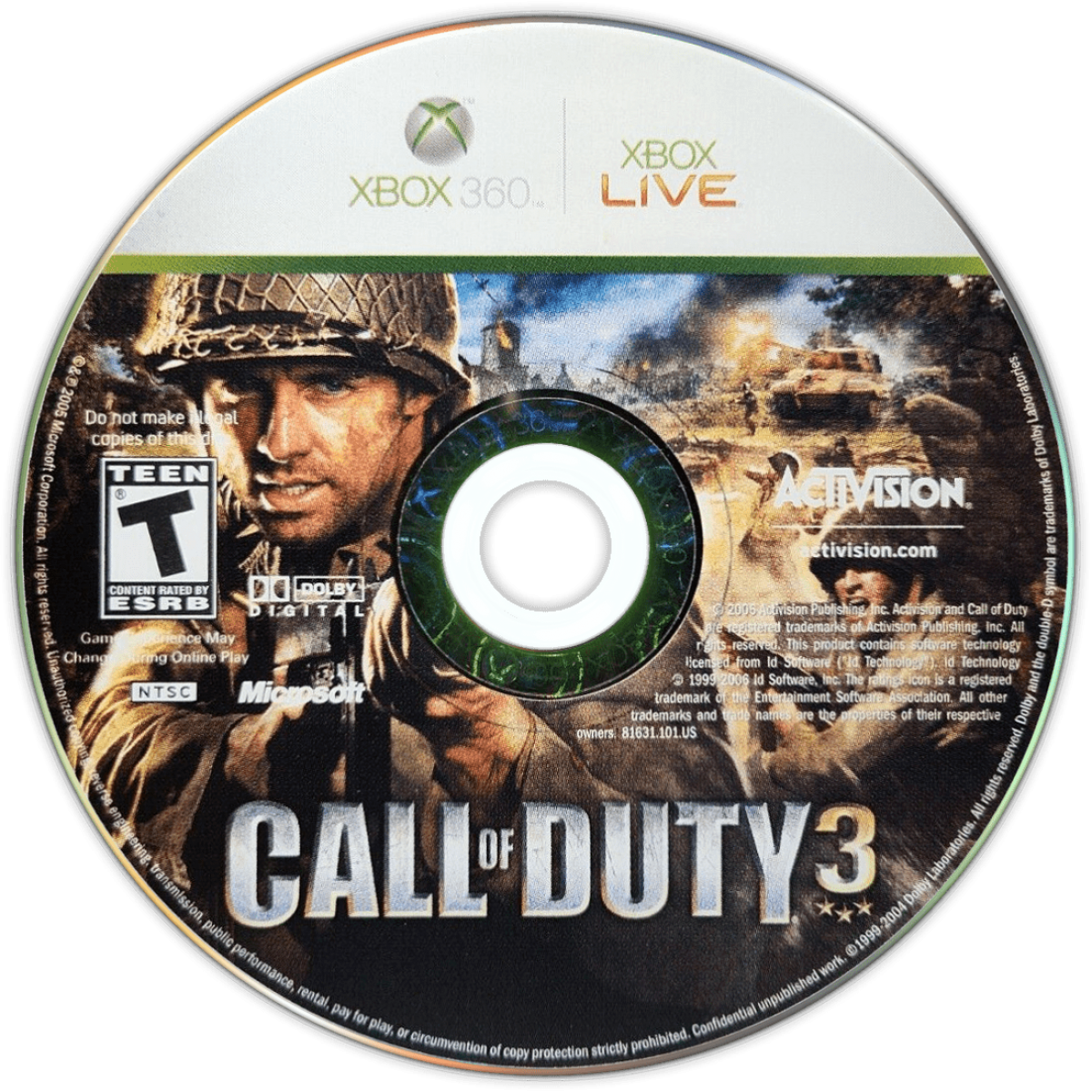 Call of Duty 3 disc for Xbox 360 (X360) first-person shooter video game