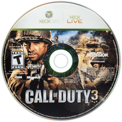 Call of Duty 3 disc for Xbox 360 (X360) first-person shooter video game