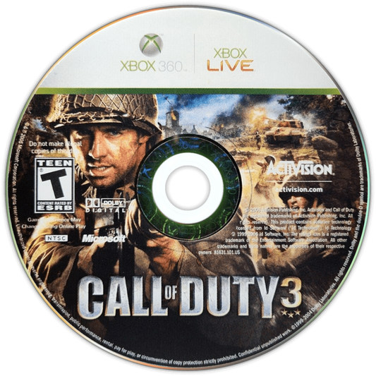 Call of Duty 3 disc for Xbox 360 (X360) first-person shooter video game