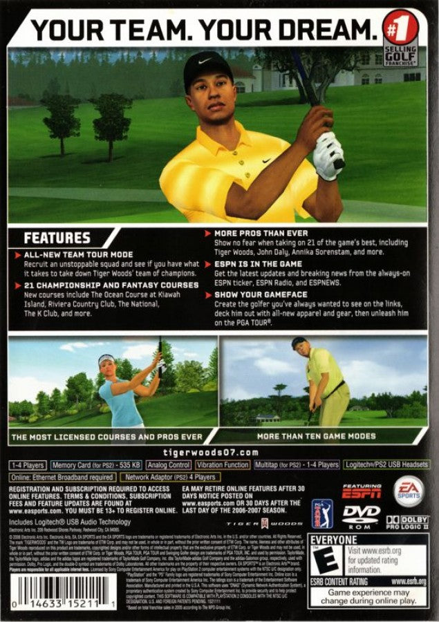 Tiger Woods PGA Tour 07 – PlayStation 2 (PS2) video game back of case, golf sports simulation.