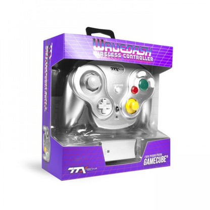 Wavedash 2.4GHz Controller for GameCube GC Silver Nintendo GameCube accessory featuring wireless 2.4GHz connectivity ergonomic controller design analog sticks responsive buttons shoulder triggers silver finish and compatibility with supported Nintendo GameCube games replacement gaming controller collectible accessory appeal