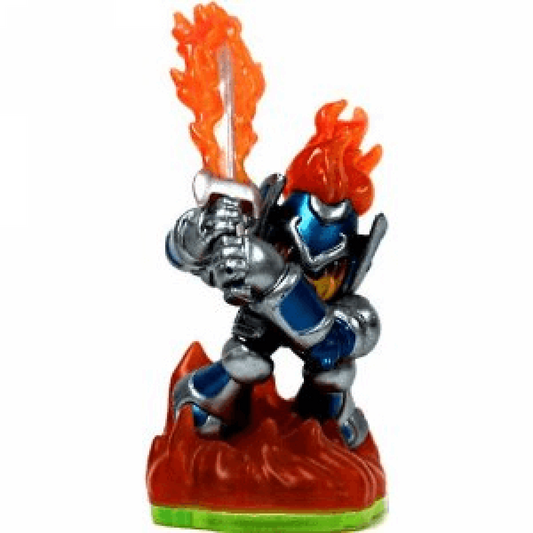 Ignitor Skylanders Spyro’s Adventure figure, fire element knight in enchanted armor with flaming sword and blazing head, posed in battle stance, detailed collectible toy on portal base from Skylanders Spyro’s Adventure series