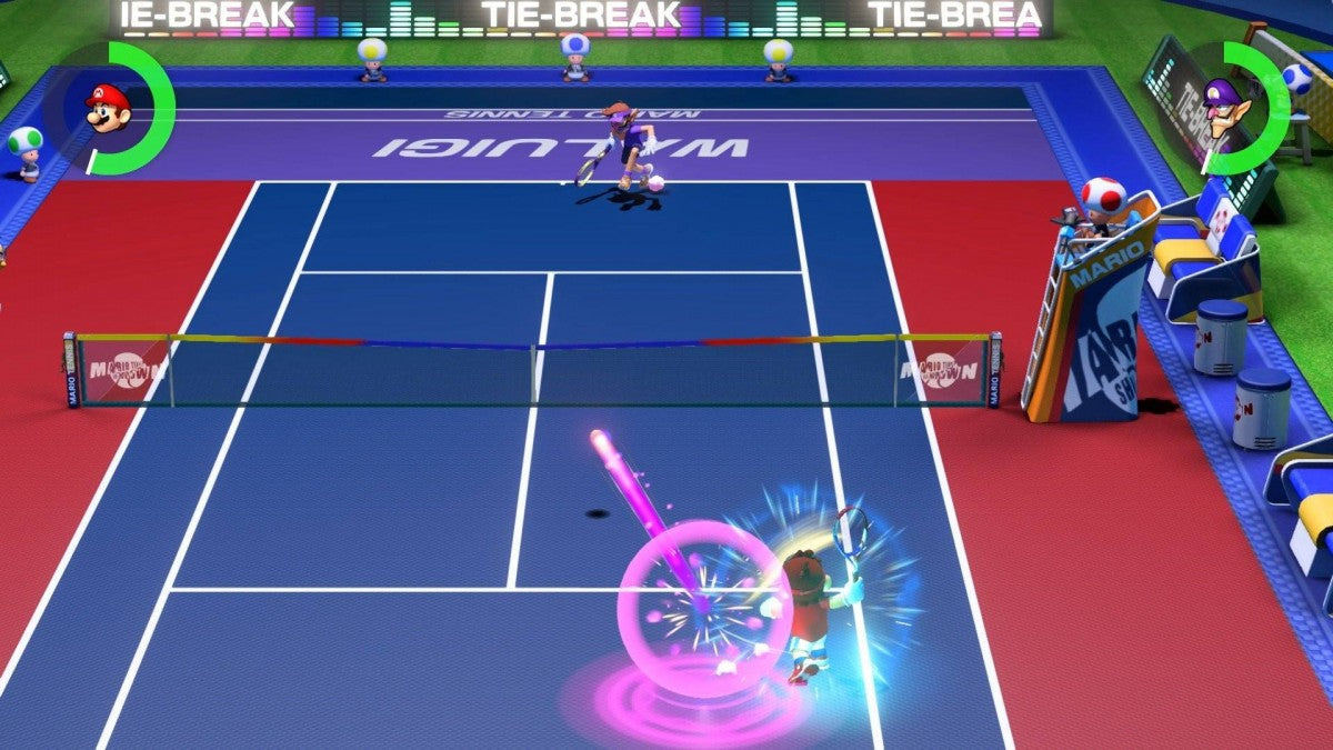 Mario Tennis Aces for Nintendo Switch (NS) featuring fast-paced tennis where Mario and friends use powerful Zone Shots and Special Shots to dominate the court; enjoy the return of a dedicated Story Mode and intense online tournaments in this strategic, high-energy sports title gameplay screenshot