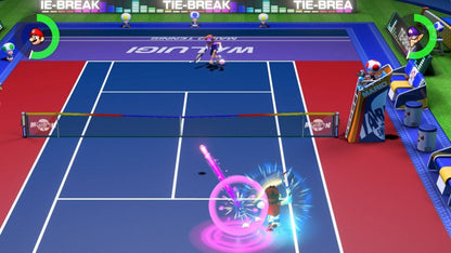 Mario Tennis Aces for Nintendo Switch (NS) featuring fast-paced tennis where Mario and friends use powerful Zone Shots and Special Shots to dominate the court; enjoy the return of a dedicated Story Mode and intense online tournaments in this strategic, high-energy sports title gameplay screenshot