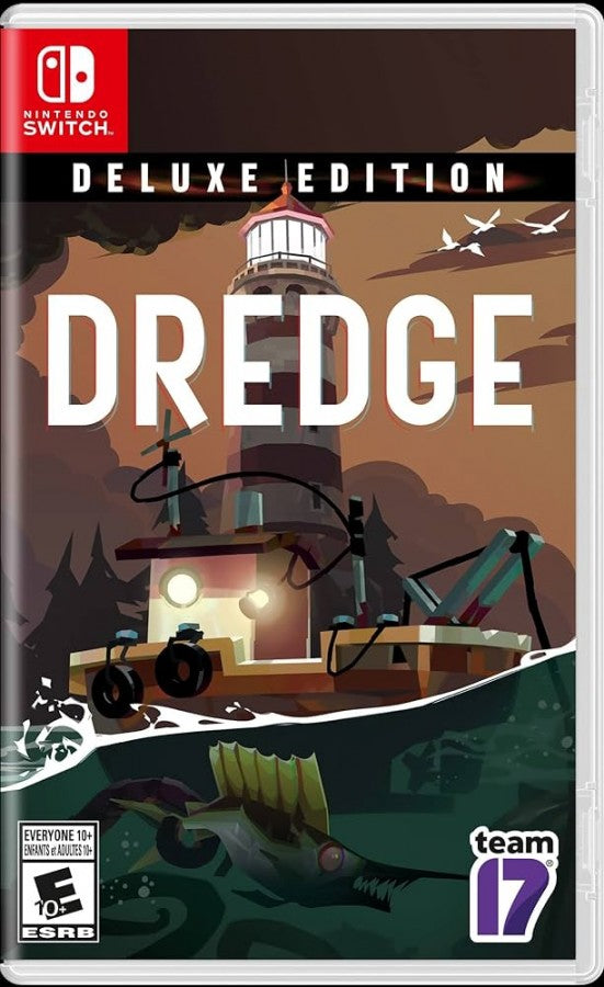 Dredge Nintendo Switch inspired design featuring atmospheric fishing adventure aesthetic mysterious coastal exploration eerie maritime folklore deep sea discoveries resource management gameplay haunting ocean landscapes and supernatural mysteries presentation front cover