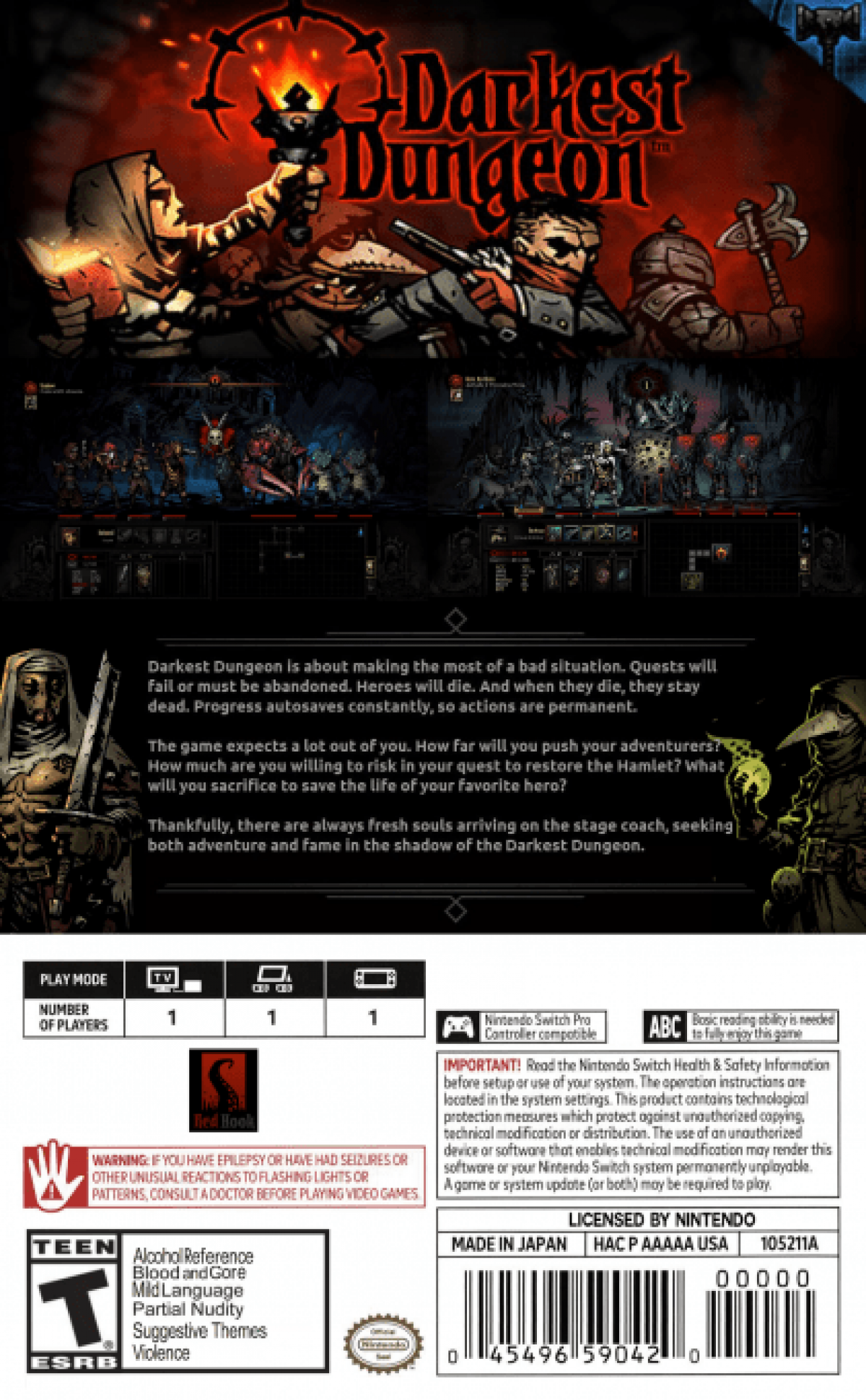 Darkest Dungeon back of box for Nintendo Switch (NS) video game