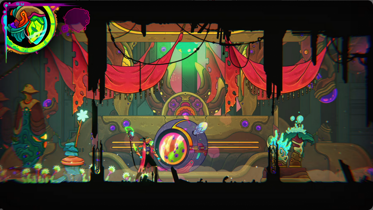 ULTROS Nintendo Switch inspired design featuring psychedelic sci fi action adventure aesthetic vibrant alien ecosystems surreal hand drawn visuals mysterious cosmic world exploration metroidvania progression atmospheric storytelling and unique botanical themed gameplay presentation gameplay 