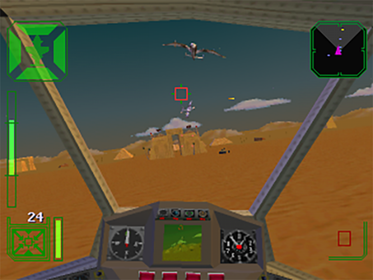 Warhawk [Long Box] for PlayStation 1 (PS1) at Gamers INC, featuring the high-flying 3D flight combat classic in its rare, collectible early-release "Long Box" packaging; take to the skies as a pilot of the advanced Warhawk fighter to defend your nation against the tyrannical Kreel, engaging in intense dogfights and bombing runs across diverse terrain in one of the PlayStation's earliest showcases of cinematic aerial action and groundbreaking polygon graphics gameplay screenshot
