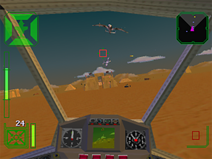 Warhawk [Long Box] for PlayStation 1 (PS1) at Gamers INC, featuring the high-flying 3D flight combat classic in its rare, collectible early-release "Long Box" packaging; take to the skies as a pilot of the advanced Warhawk fighter to defend your nation against the tyrannical Kreel, engaging in intense dogfights and bombing runs across diverse terrain in one of the PlayStation's earliest showcases of cinematic aerial action and groundbreaking polygon graphics gameplay screenshot
