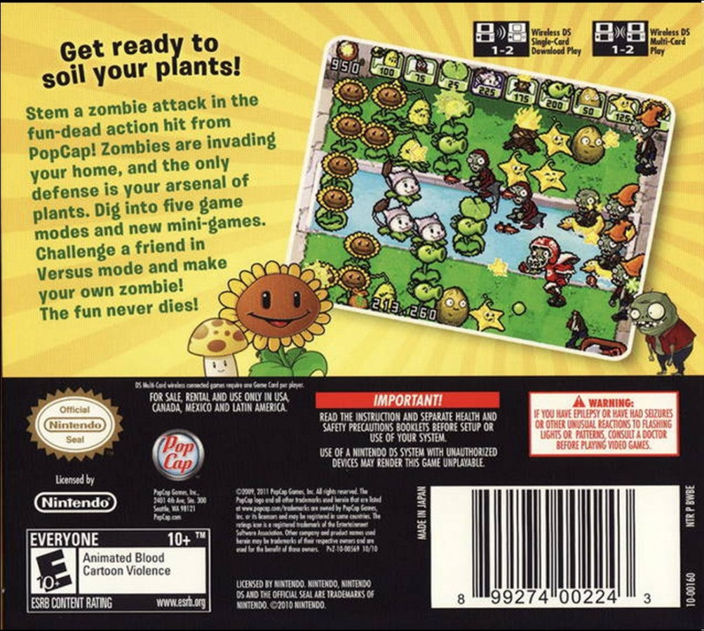 Plants vs. Zombies back of case for Nintendo DS (DS) tower defense strategy video game