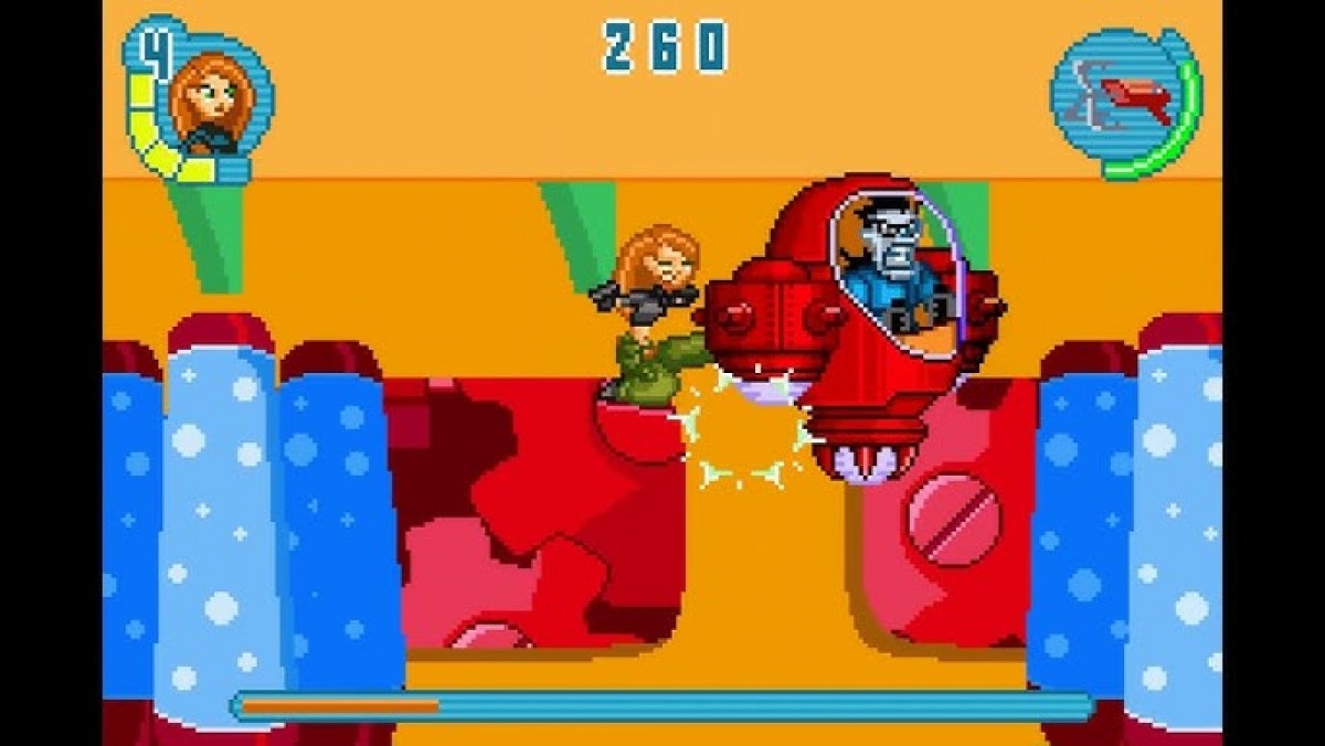 Disney’s Kim Possible 2 Drakken’s Demise Game Boy Advance GBA video game, action platformer, cartoon-based adventure, handheld Nintendo system title gameplay screenshot