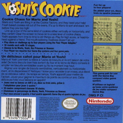 Yoshi’s Cookie Game Boy video game, puzzle gameplay, classic Nintendo character title, retro handheld console game back cover